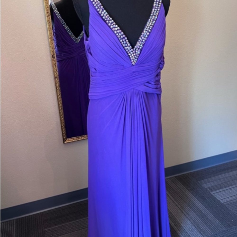La Femme Purple Ruched Embellished Prom Gown